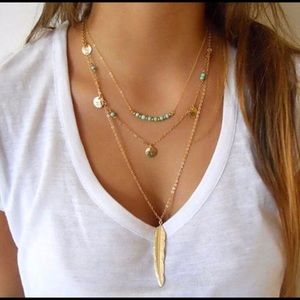 3  Layer Feather Necklace in Gold